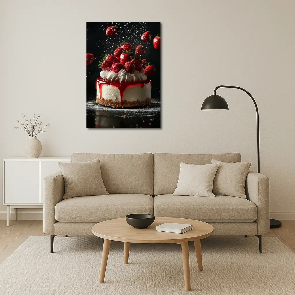 Strawberry Cheesecake Dark Background Food Art – Wall Art