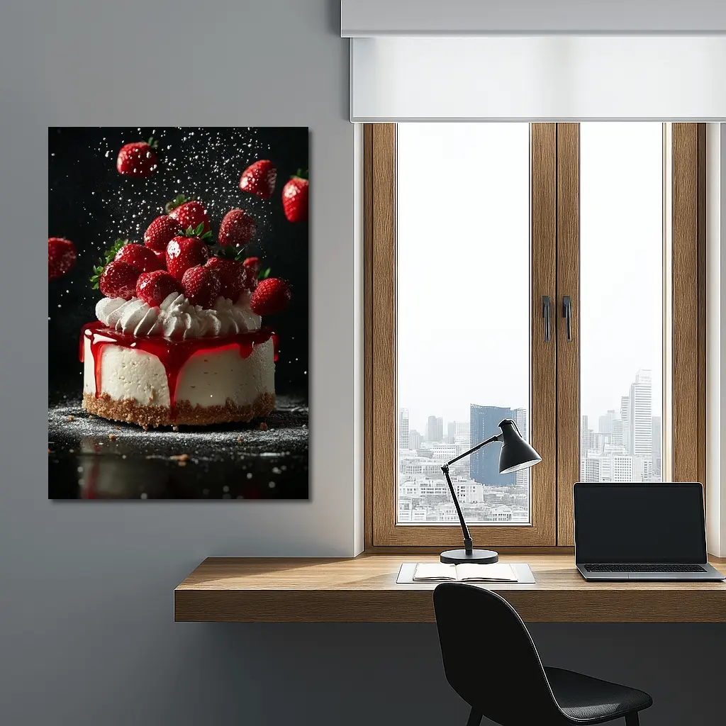 Strawberry Cheesecake Dark Background Food Art – Wall Art