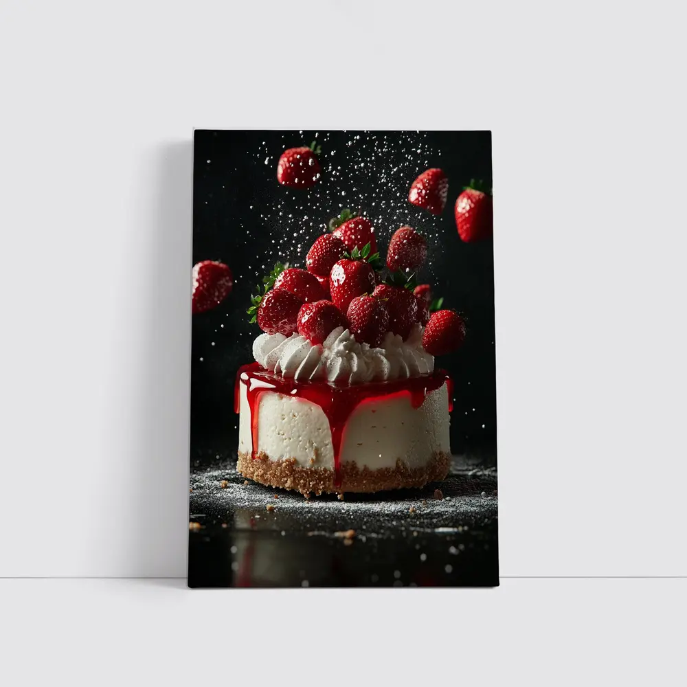 Strawberry Cheesecake Dark Background Food Art – Wall Art