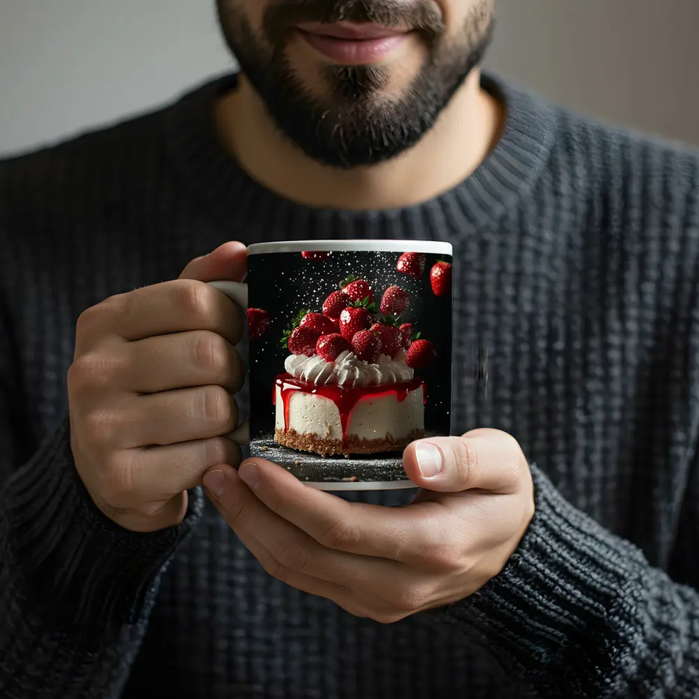 Strawberry Cheesecake Dark Background Food Art – Mugs