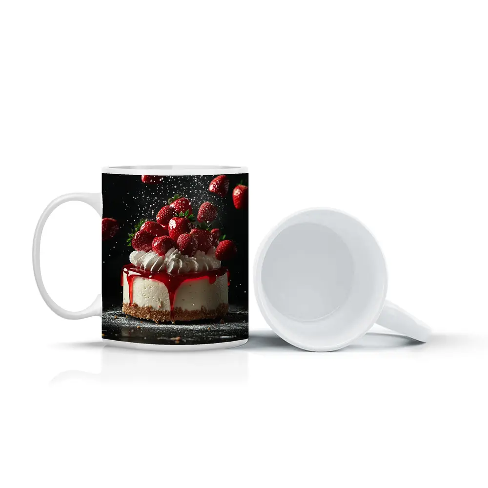 Strawberry Cheesecake Dark Background Food Art – Mugs