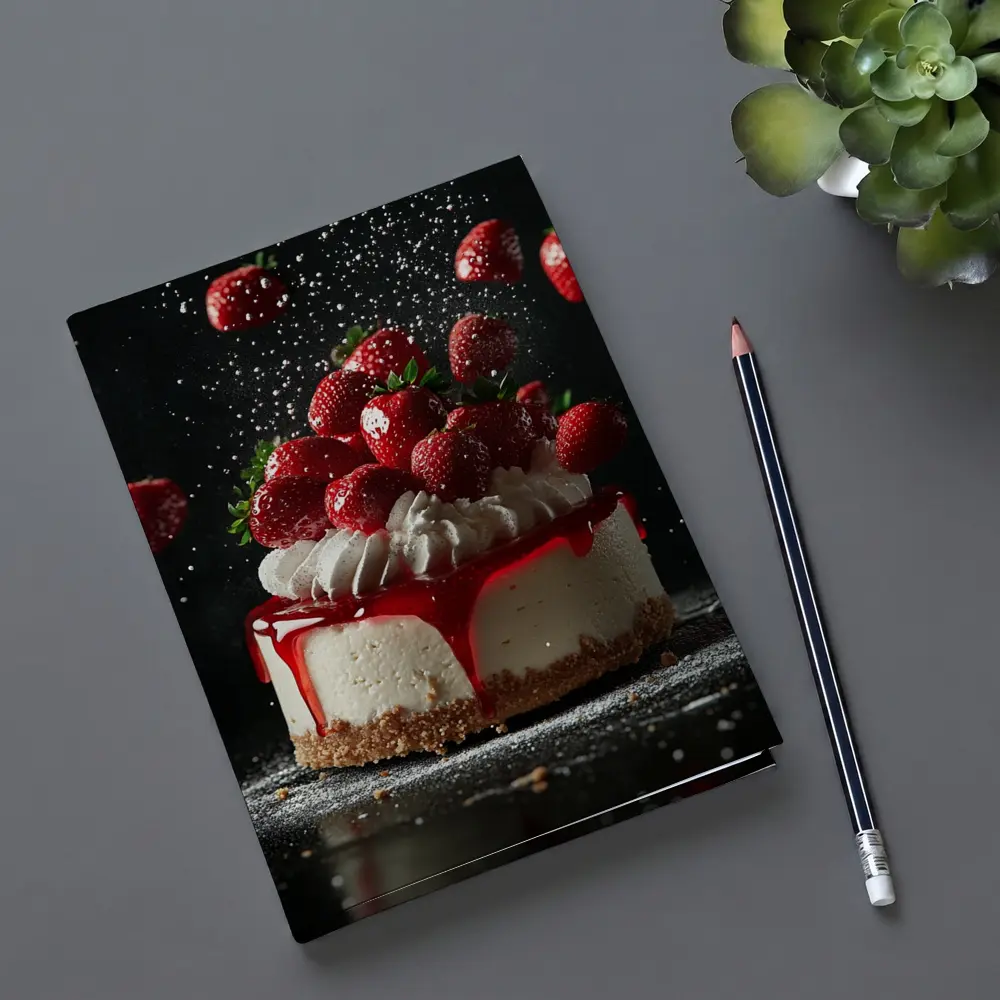 Strawberry Cheesecake Dark Background Food Art – Notebooks
