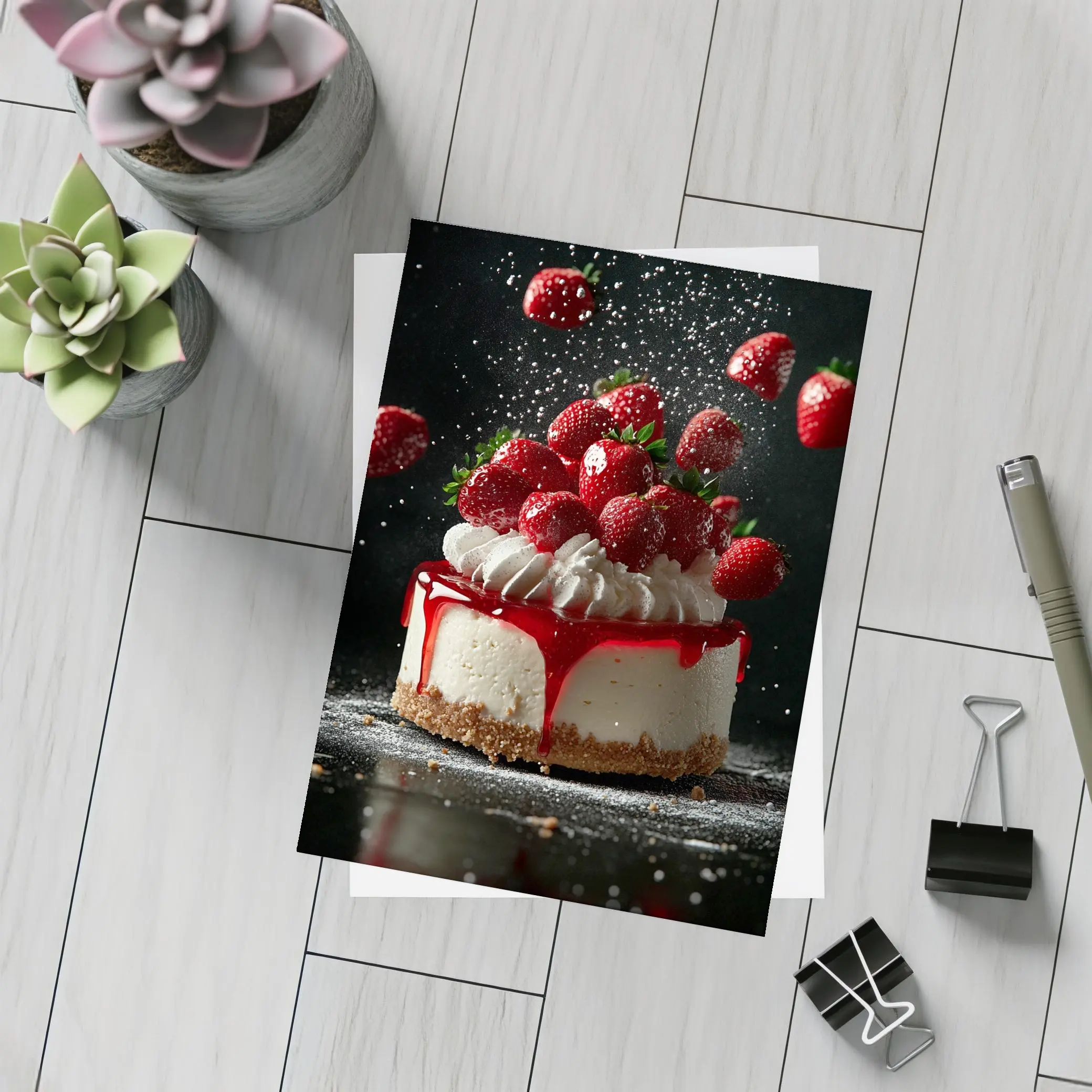 Strawberry Cheesecake Dark Background Food Art – Postcards