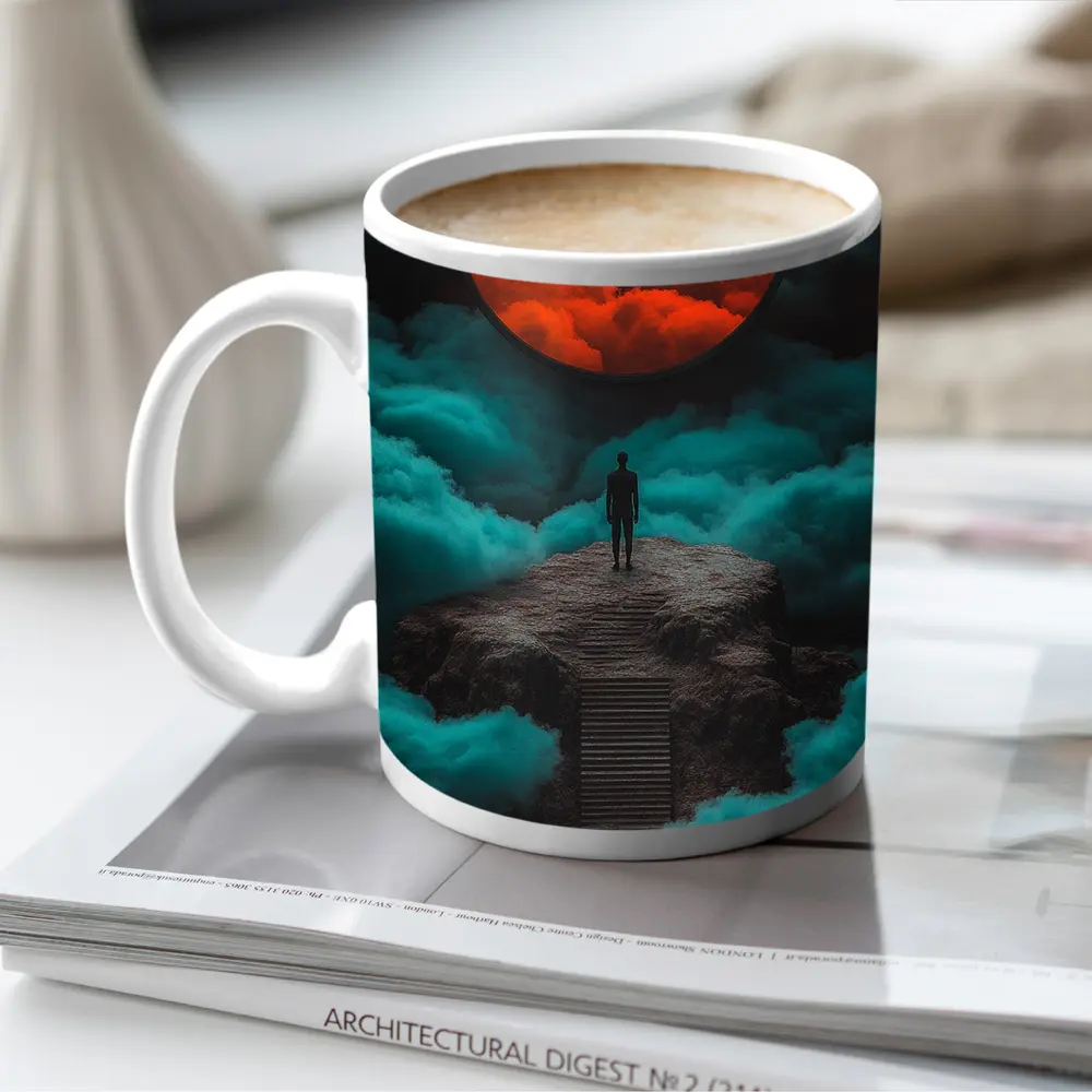 Lone Figure Red Moon Surreal Clouds – Mugs