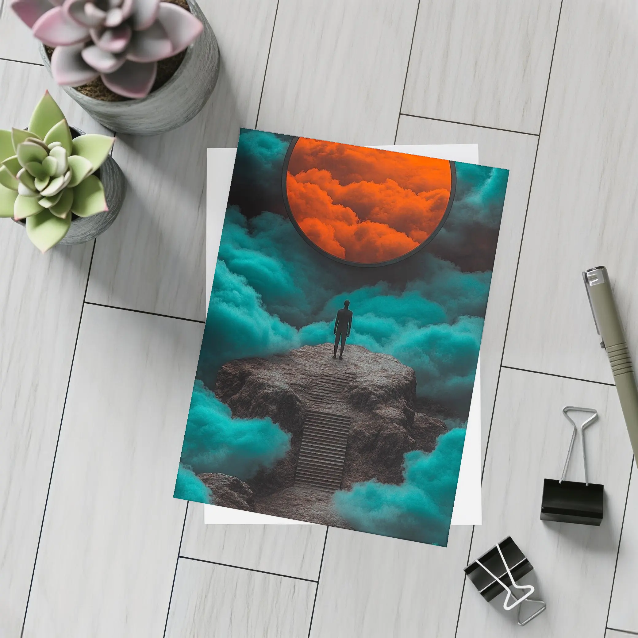 Lone Figure Red Moon Surreal Clouds – Postcards