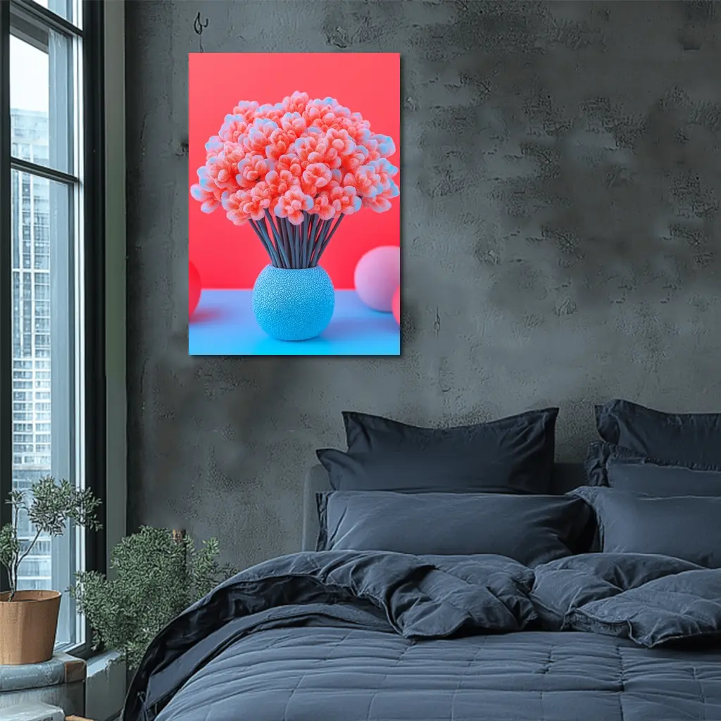 Pink Coral Flowers Blue Vase Red Background – Wall Art