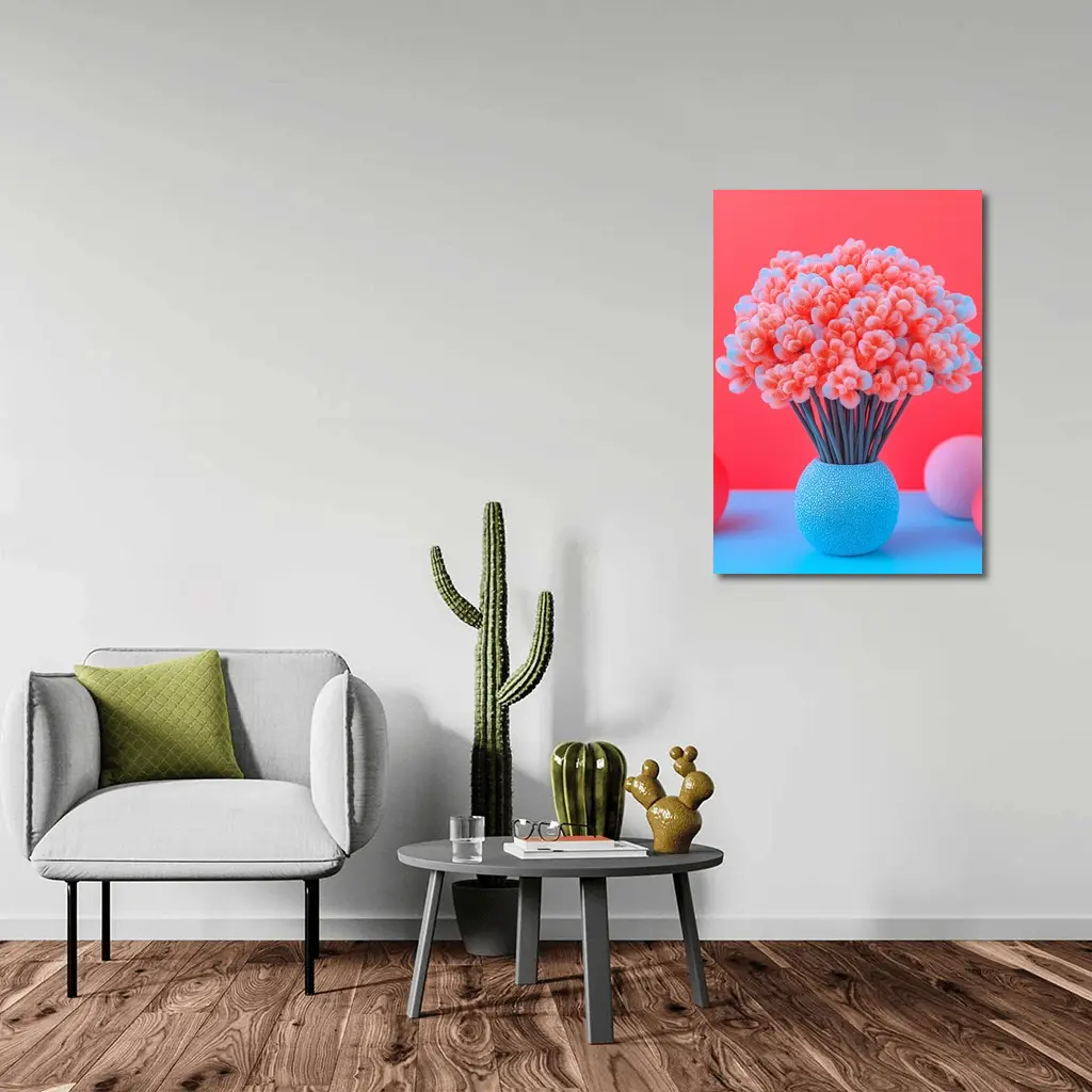 Pink Coral Flowers Blue Vase Red Background – Wall Art