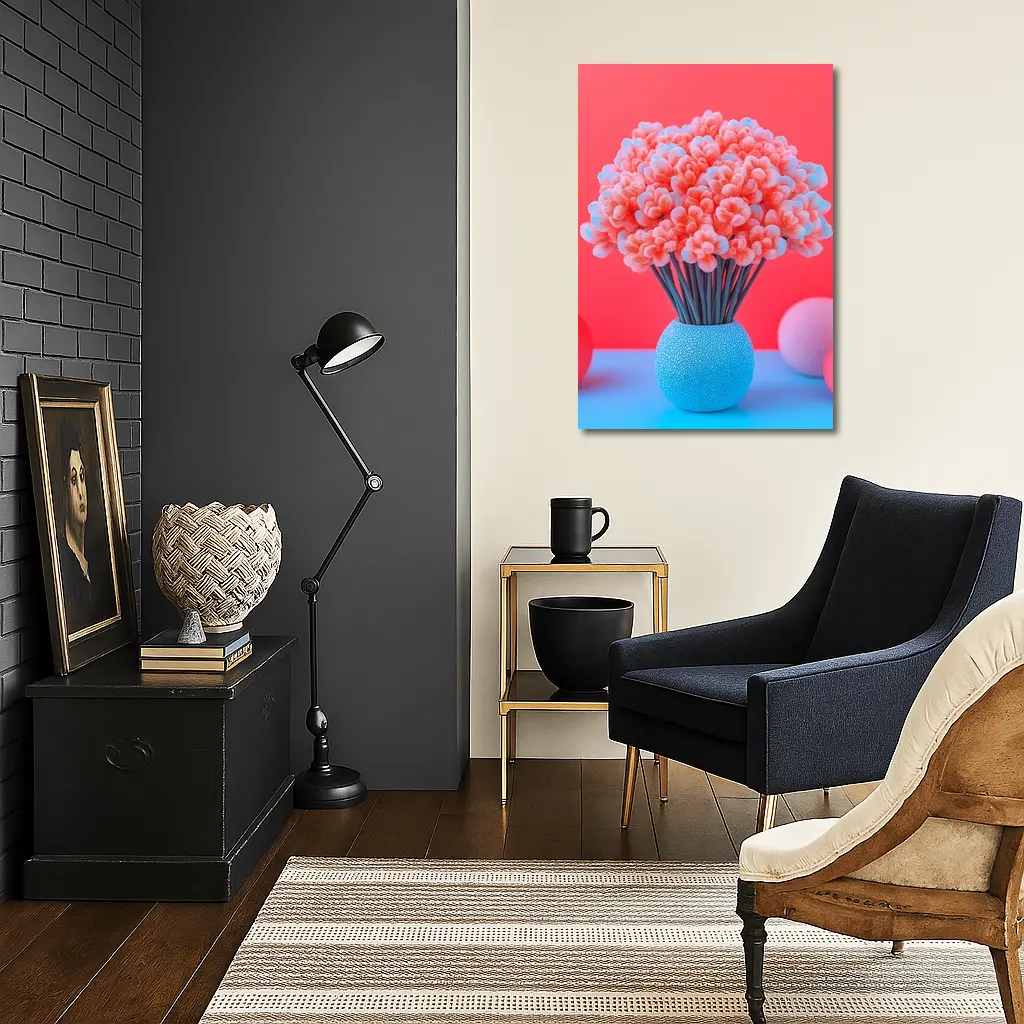 Pink Coral Flowers Blue Vase Red Background – Wall Art