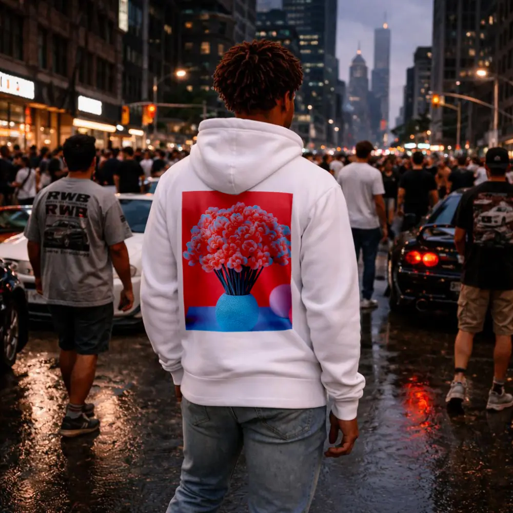 Pink Coral Flowers Blue Vase Red Background – Hoodies
