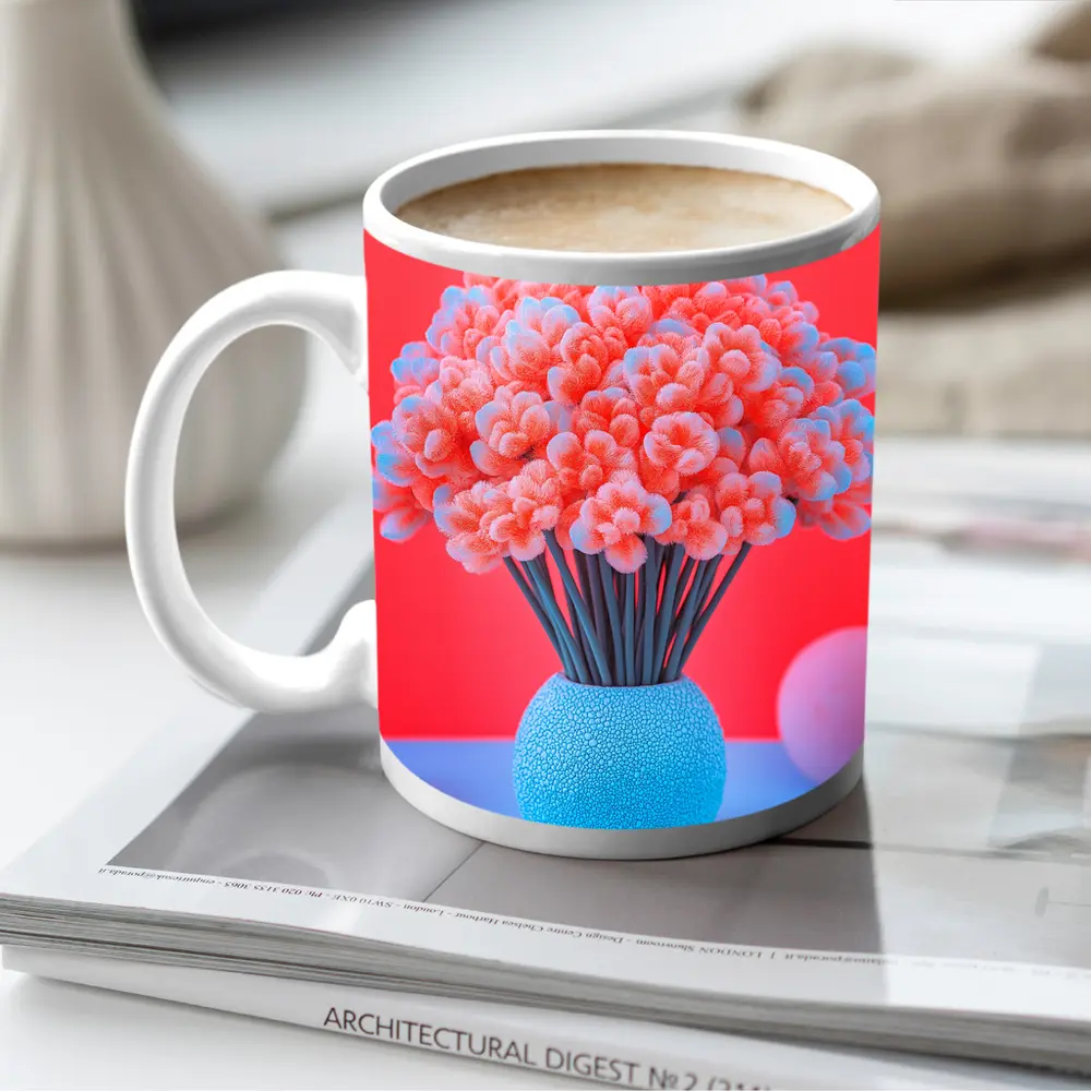 Pink Coral Flowers Blue Vase Red Background – Mugs