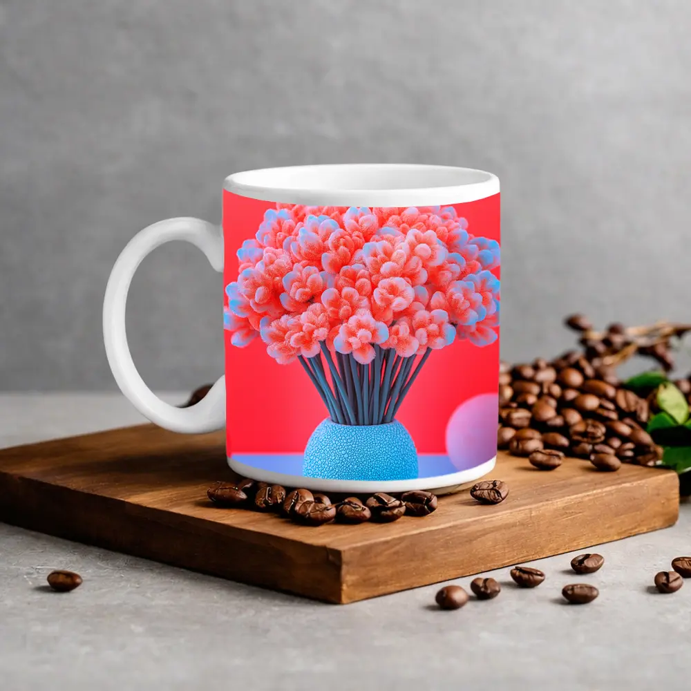 Pink Coral Flowers Blue Vase Red Background – Mugs