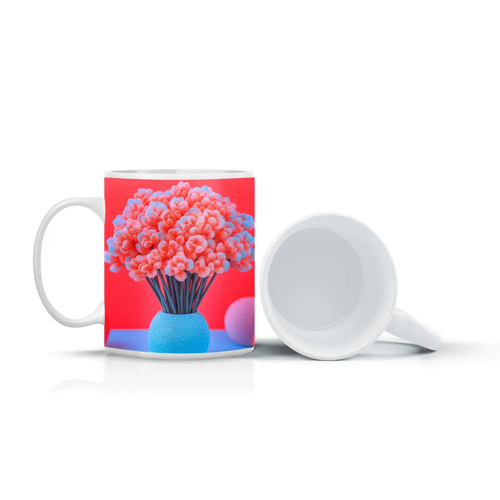 Pink Coral Flowers Blue Vase Red Background – Mugs