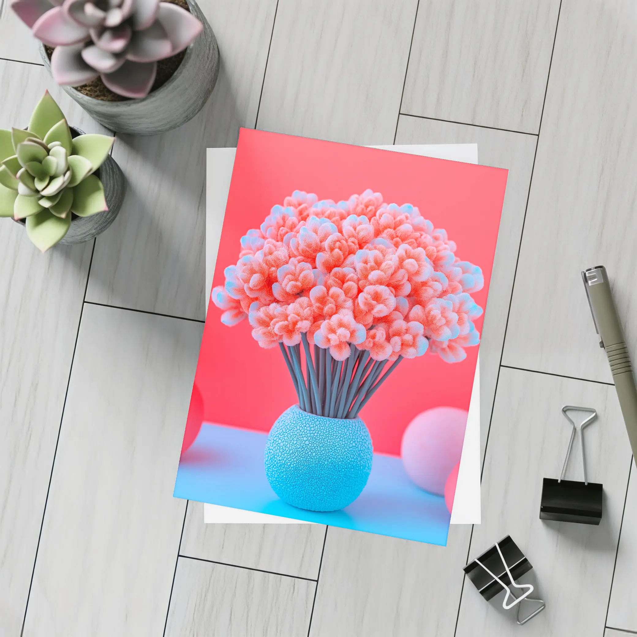 Pink Coral Flowers Blue Vase Red Background – Postcards