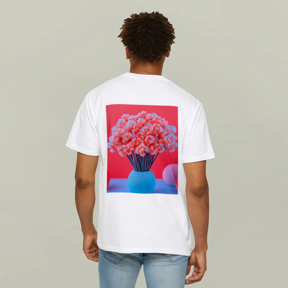 Pink Coral Flowers Blue Vase Red Background – T-Shirts