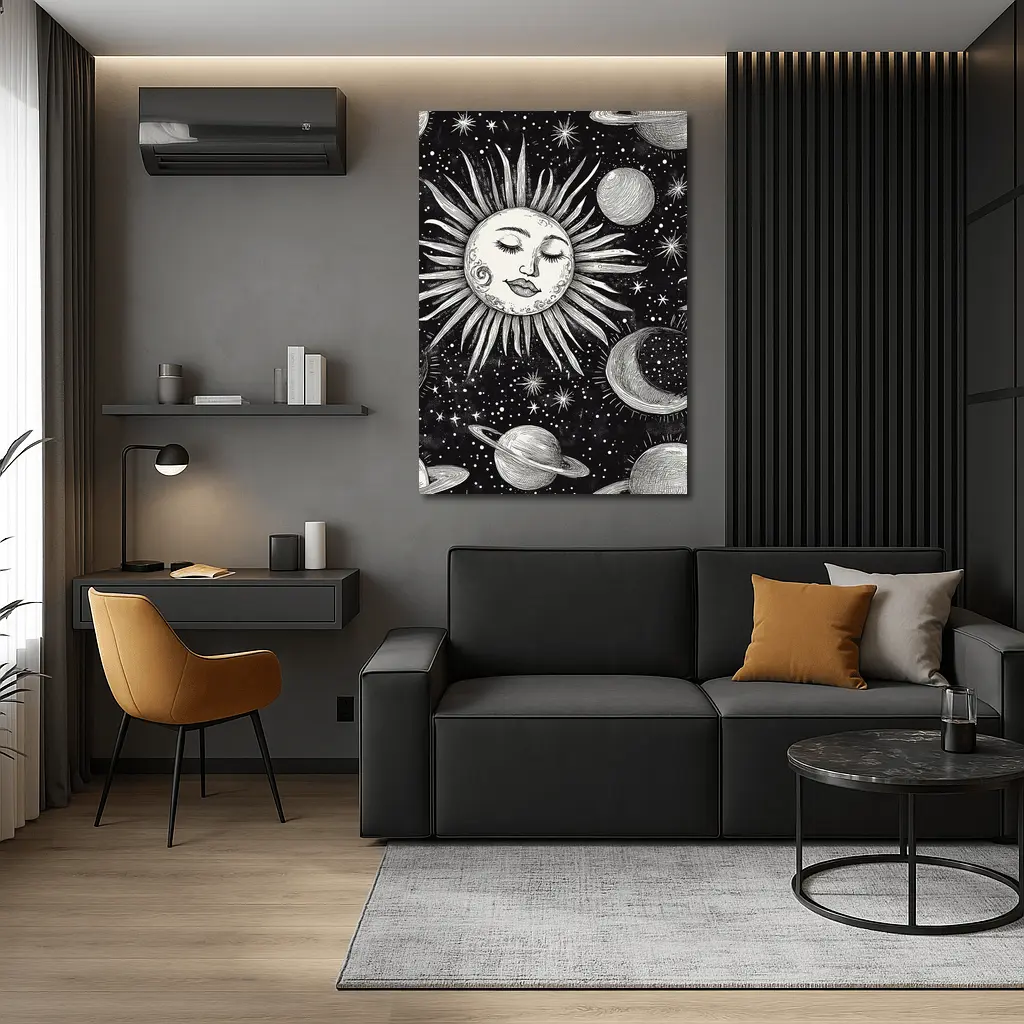 Black White Celestial Sun Face Space Art – Wall Art
