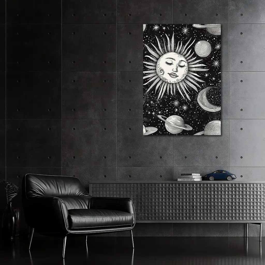 Black White Celestial Sun Face Space Art – Wall Art