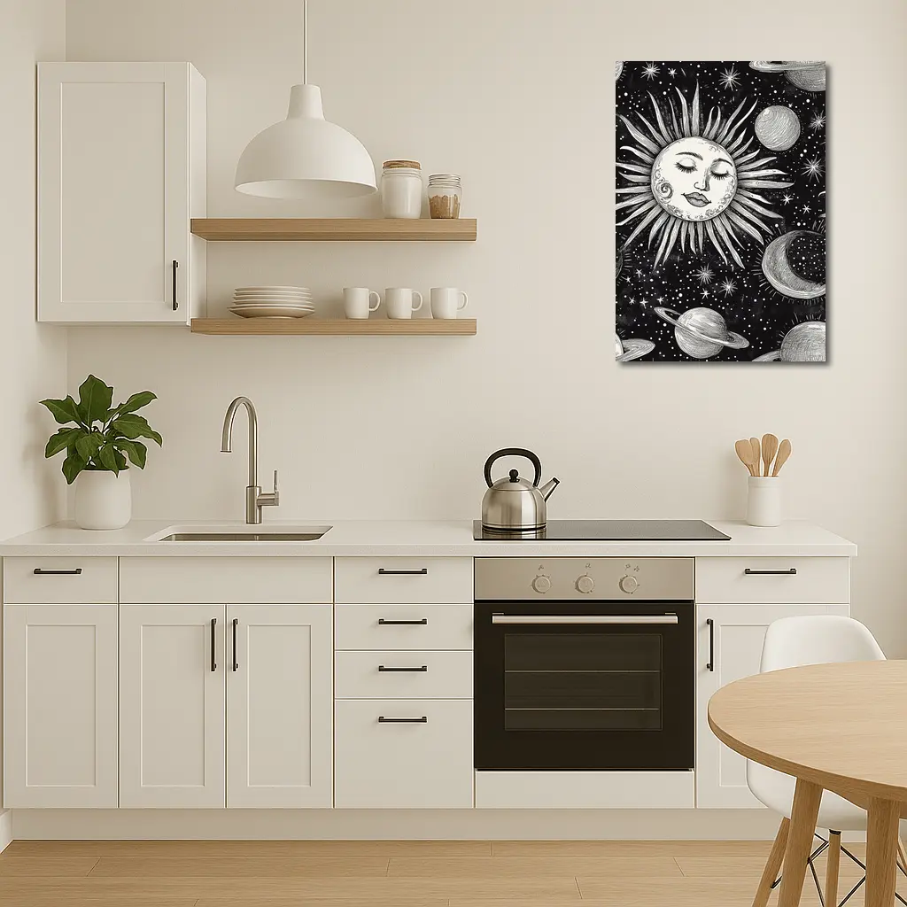 Black White Celestial Sun Face Space Art – Wall Art
