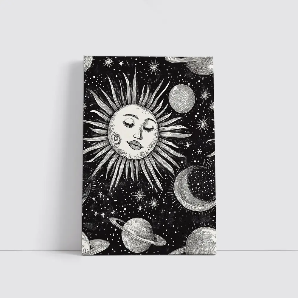 Black White Celestial Sun Face Space Art – Wall Art