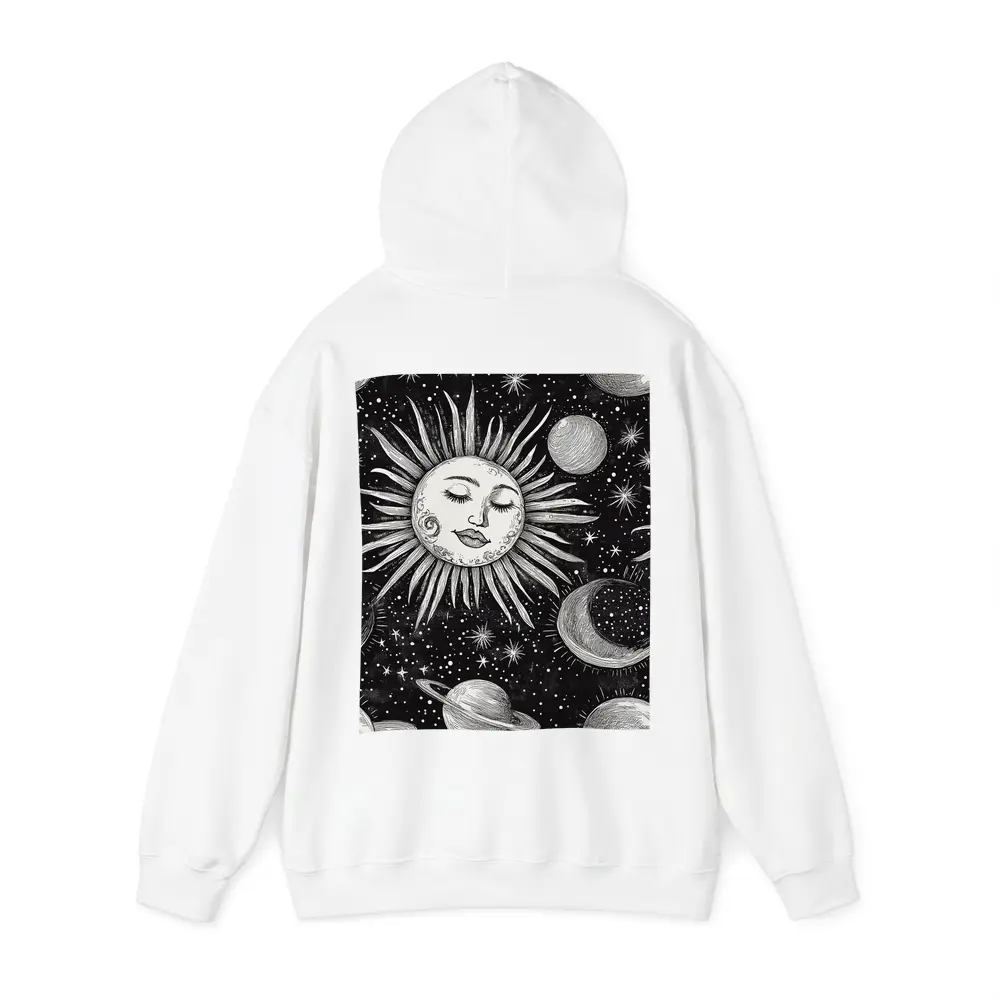 Black White Celestial Sun Face Space Art – Hoodies