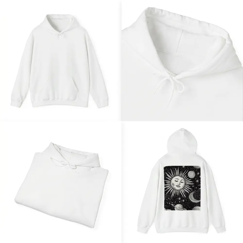 Black White Celestial Sun Face Space Art – Hoodies