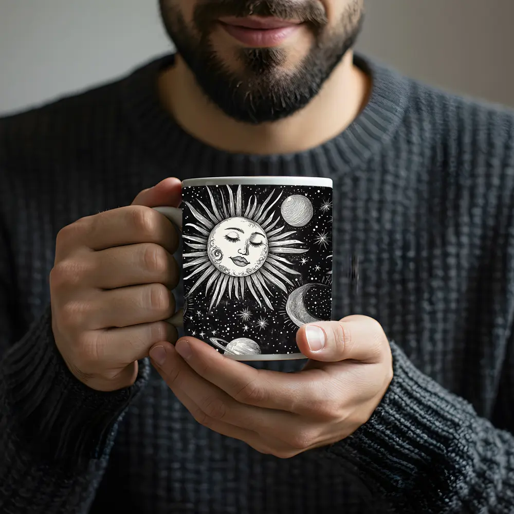 Black White Celestial Sun Face Space Art – Mugs
