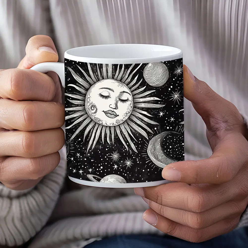 Black White Celestial Sun Face Space Art – Mugs