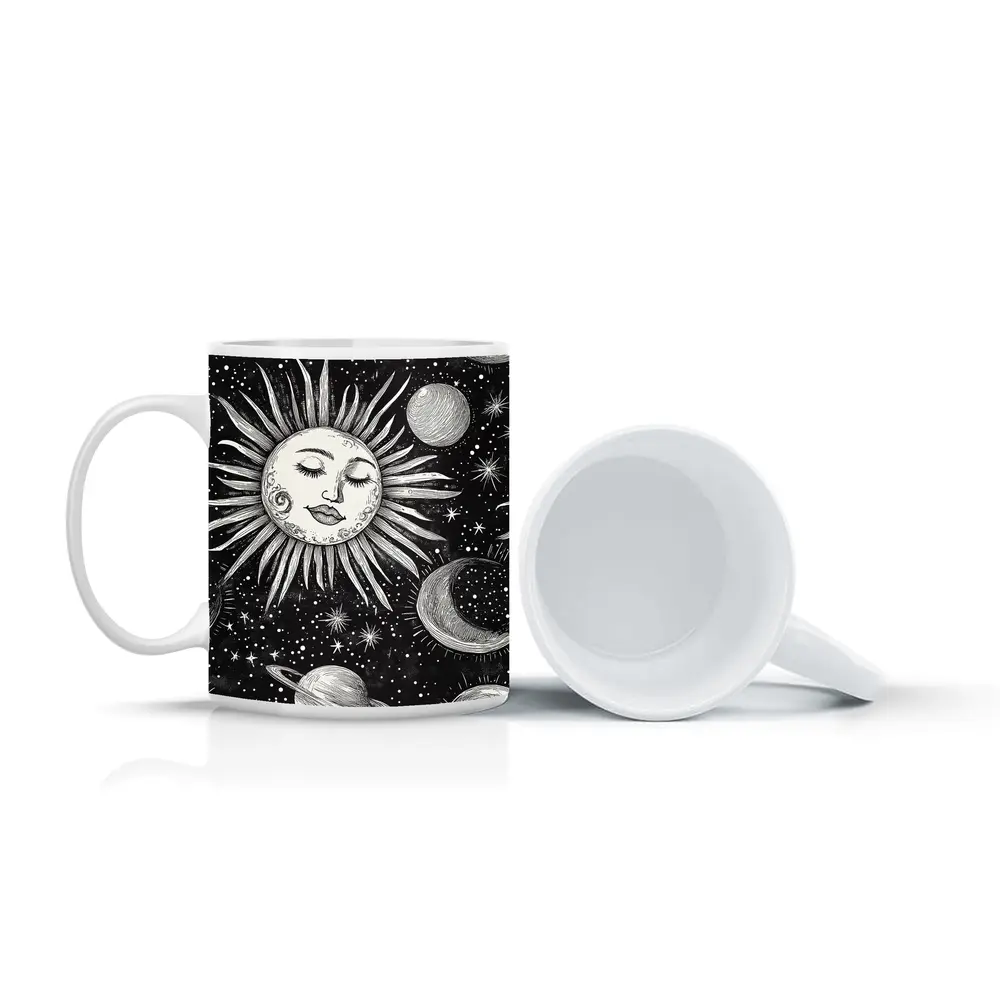 Black White Celestial Sun Face Space Art – Mugs