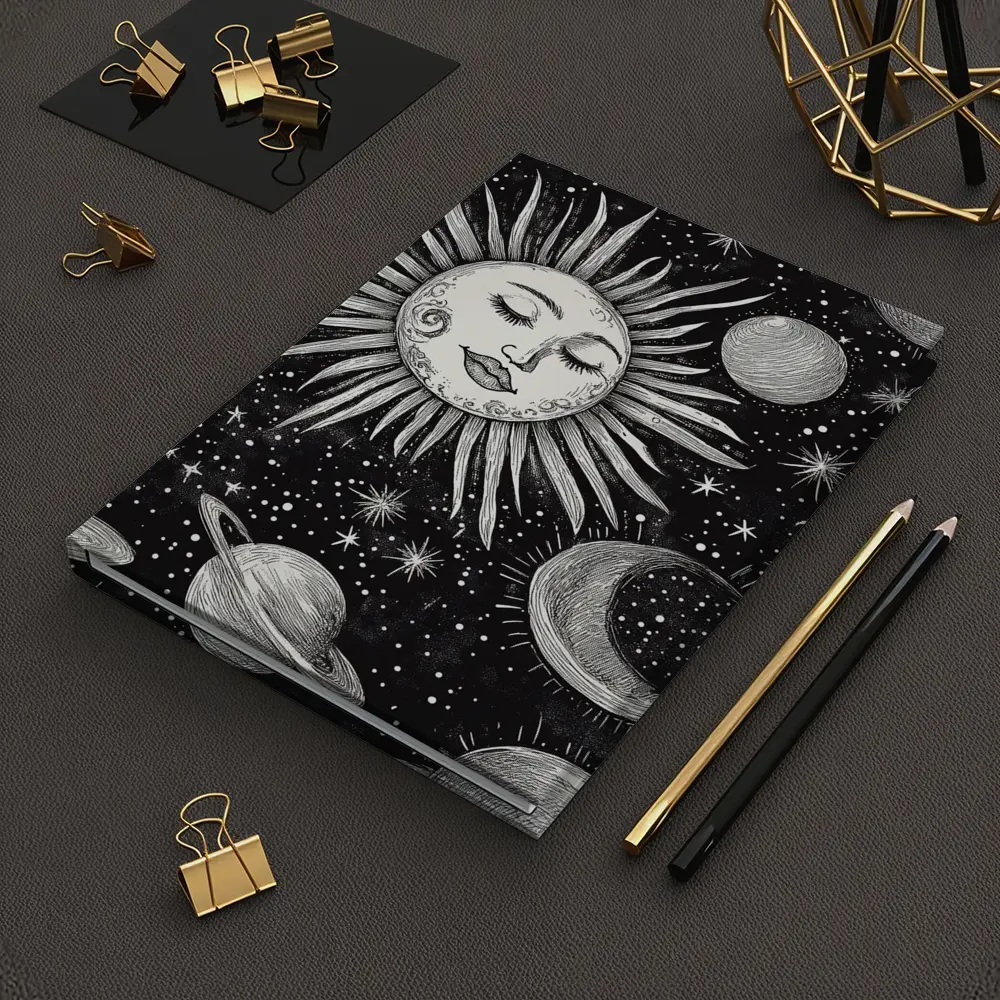 Black White Celestial Sun Face Space Art – Notebooks