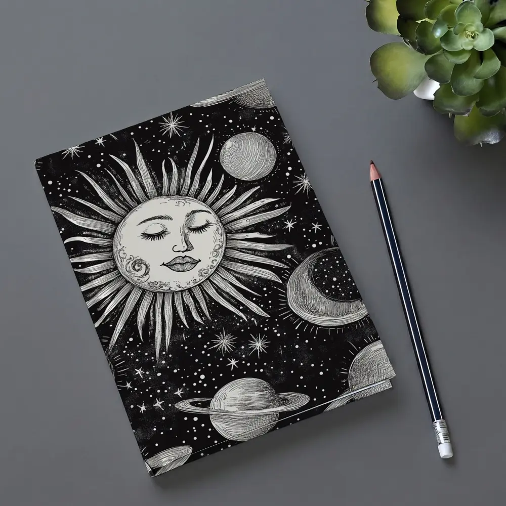 Black White Celestial Sun Face Space Art – Notebooks