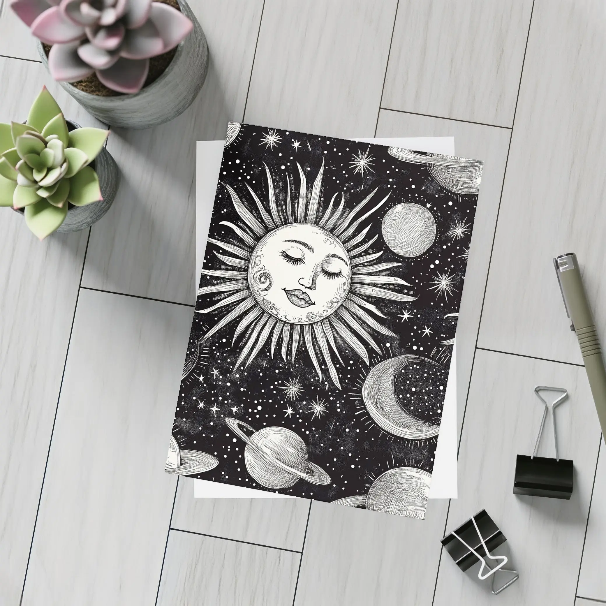 Black White Celestial Sun Face Space Art – Postcards