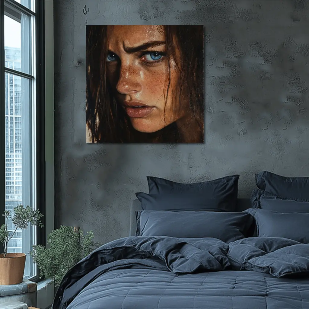 Blue Eyed Freckled Woman Dark Background Portrait – Wall Art