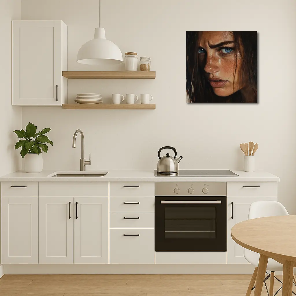 Blue Eyed Freckled Woman Dark Background Portrait – Wall Art