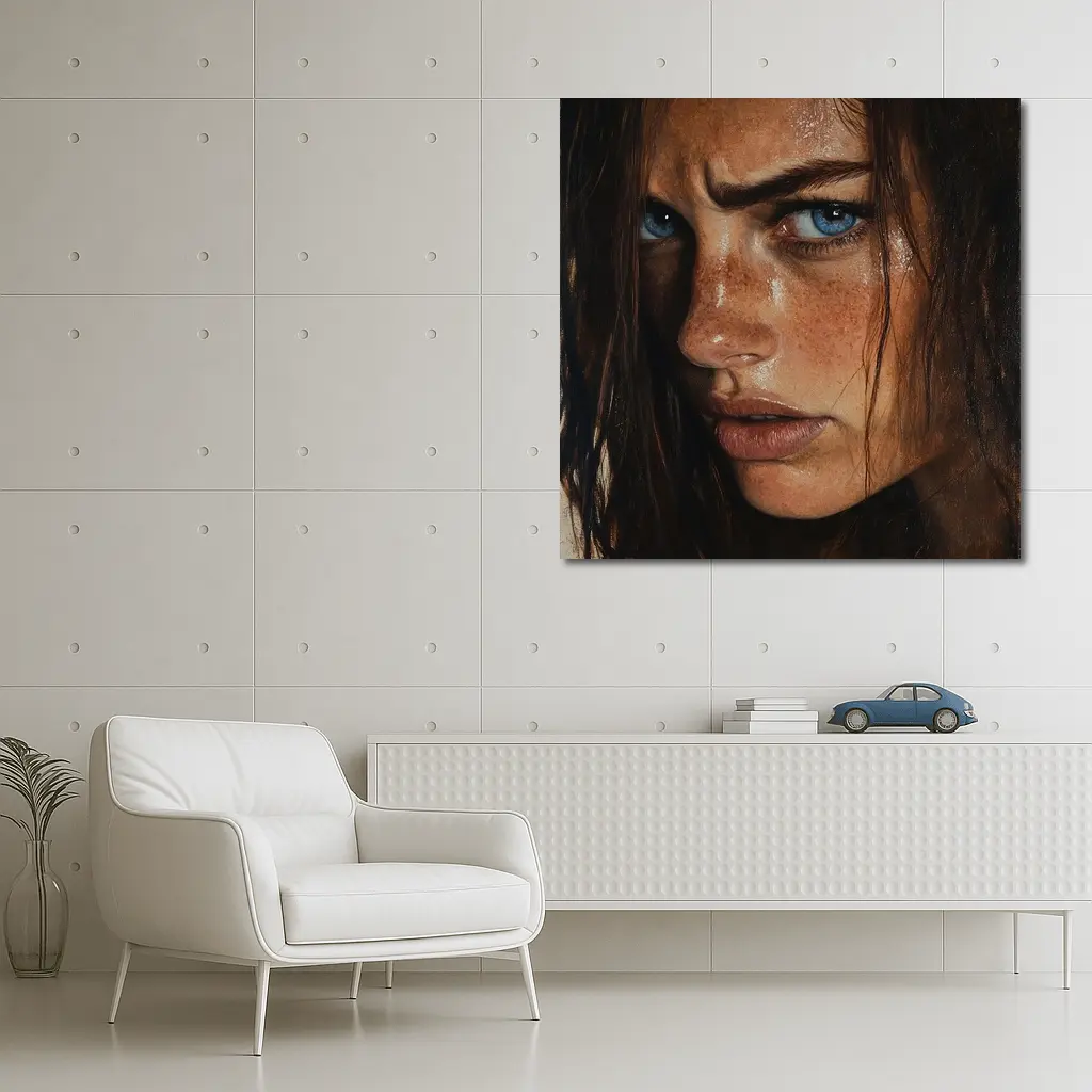 Blue Eyed Freckled Woman Dark Background Portrait – Wall Art