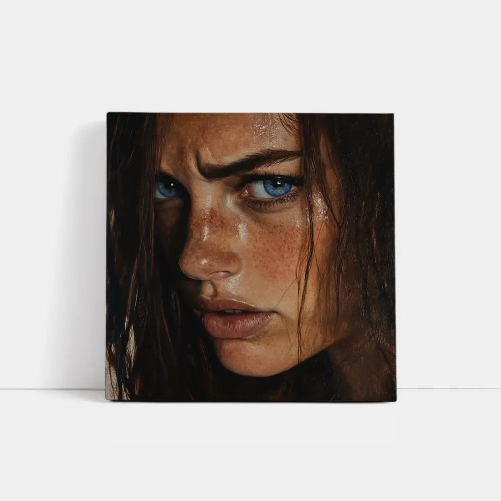 Blue Eyed Freckled Woman Dark Background Portrait – Wall Art