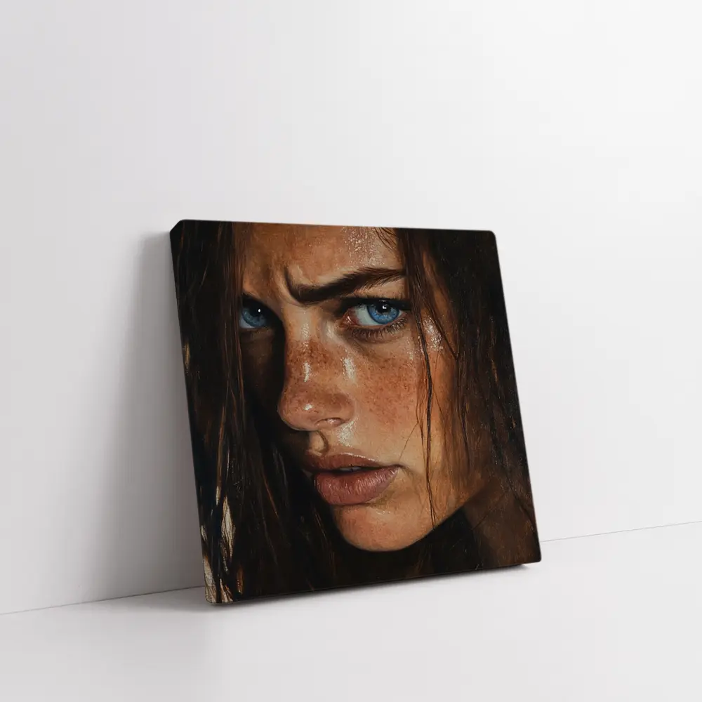 Blue Eyed Freckled Woman Dark Background Portrait – Wall Art
