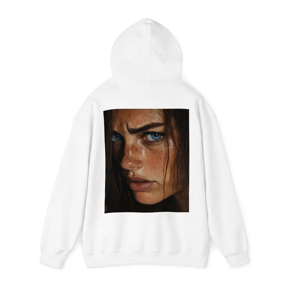 Blue Eyed Freckled Woman Dark Background Portrait – Hoodies