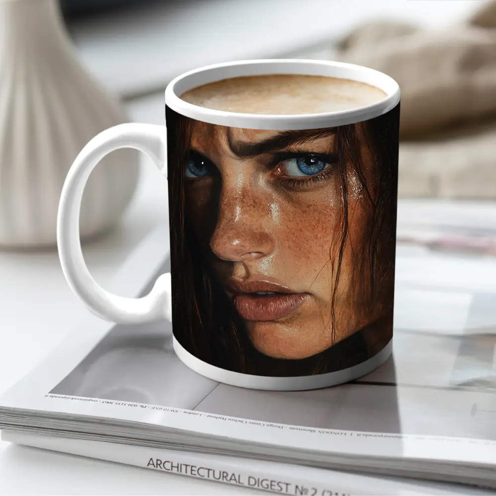Blue Eyed Freckled Woman Dark Background Portrait – Mugs