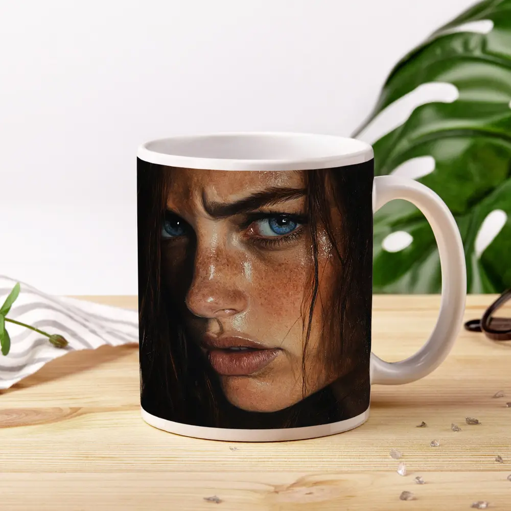 Blue Eyed Freckled Woman Dark Background Portrait – Mugs