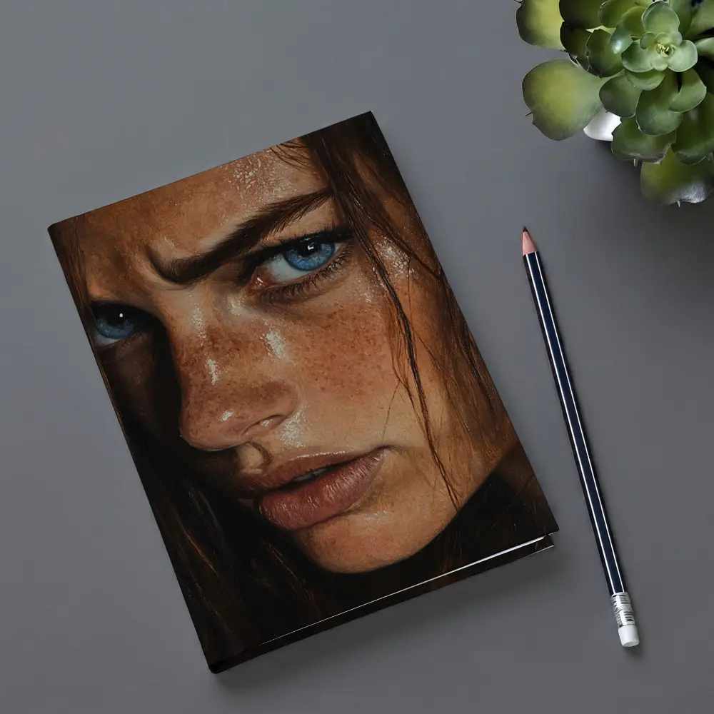 Blue Eyed Freckled Woman Dark Background Portrait – Notebooks