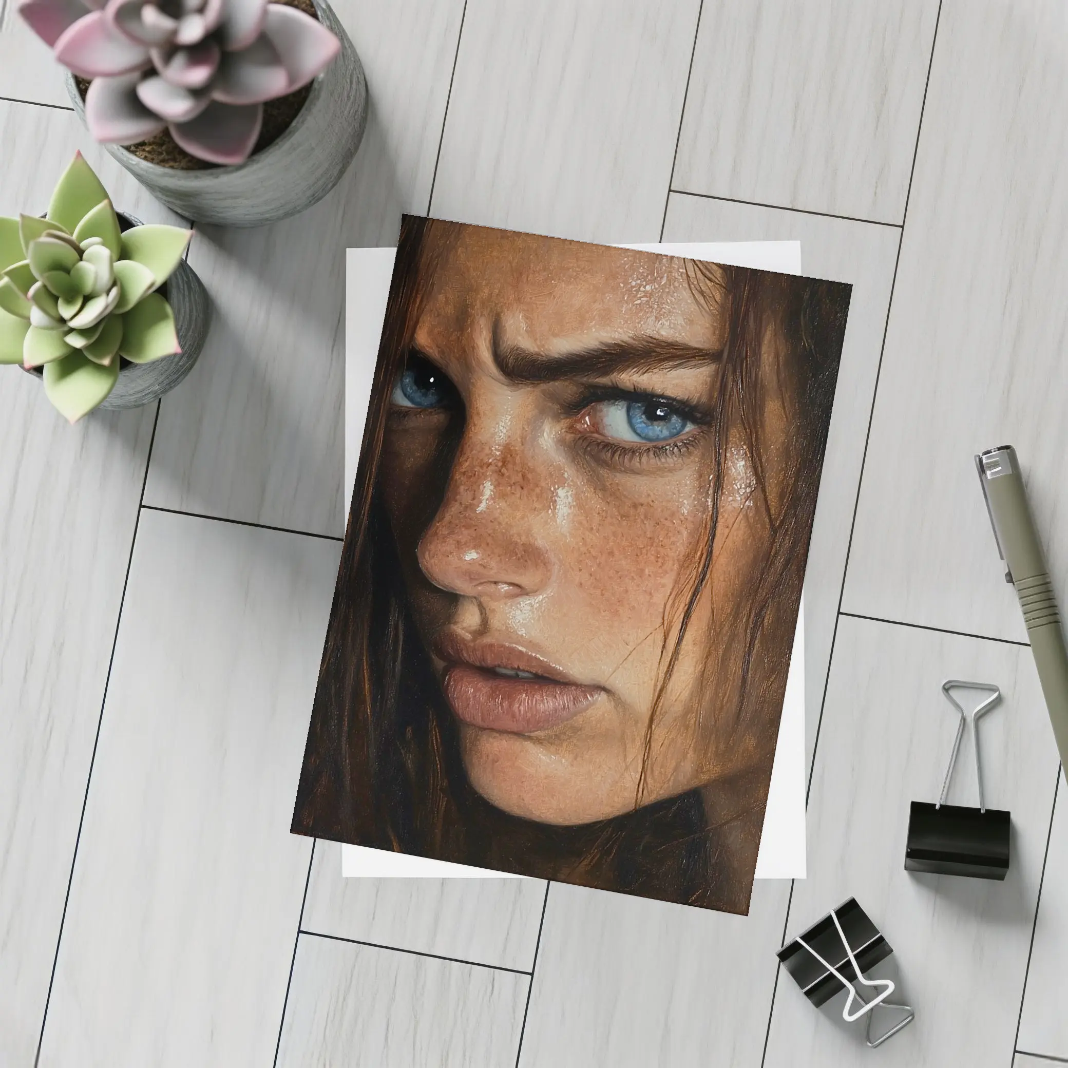Blue Eyed Freckled Woman Dark Background Portrait – Postcards