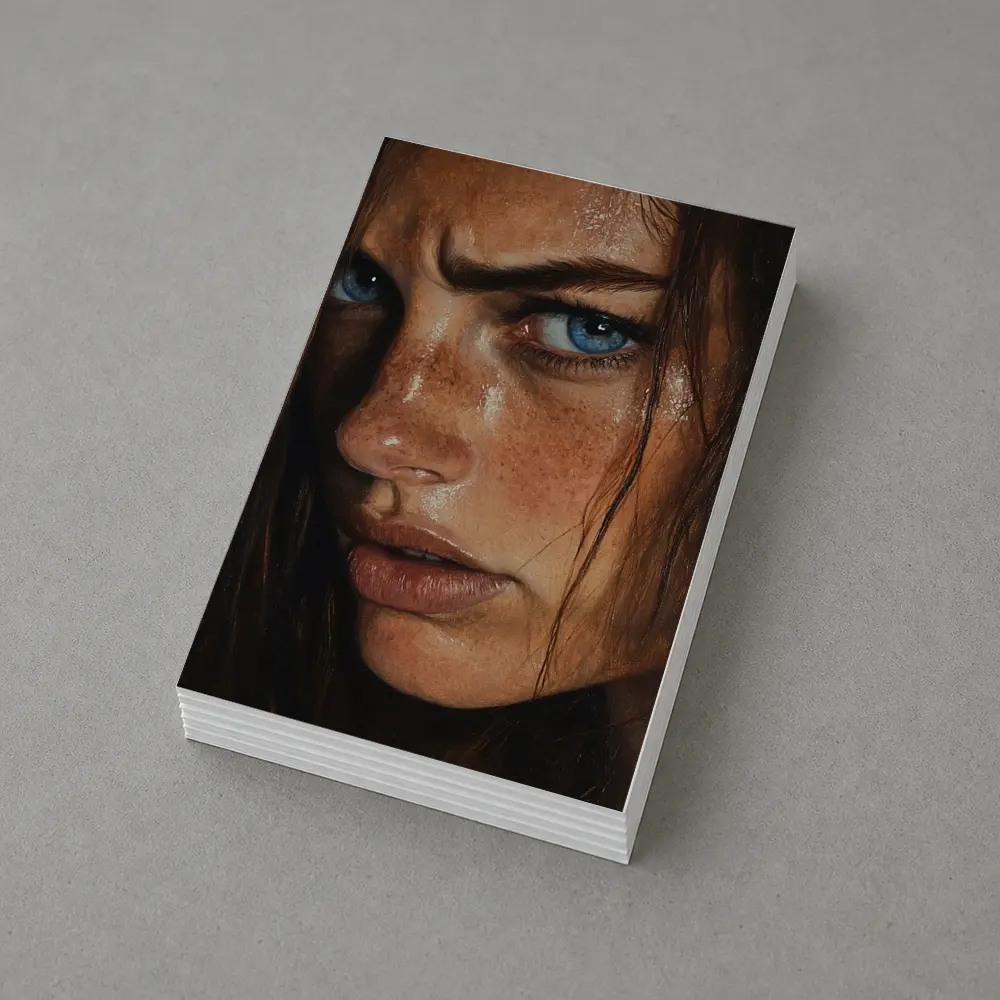 Blue Eyed Freckled Woman Dark Background Portrait – Postcards