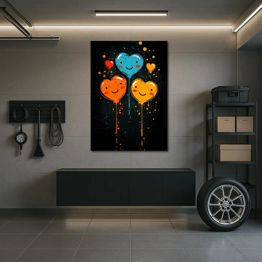 Smiling Cartoon Hearts Graffiti Dark Background – Wall Art