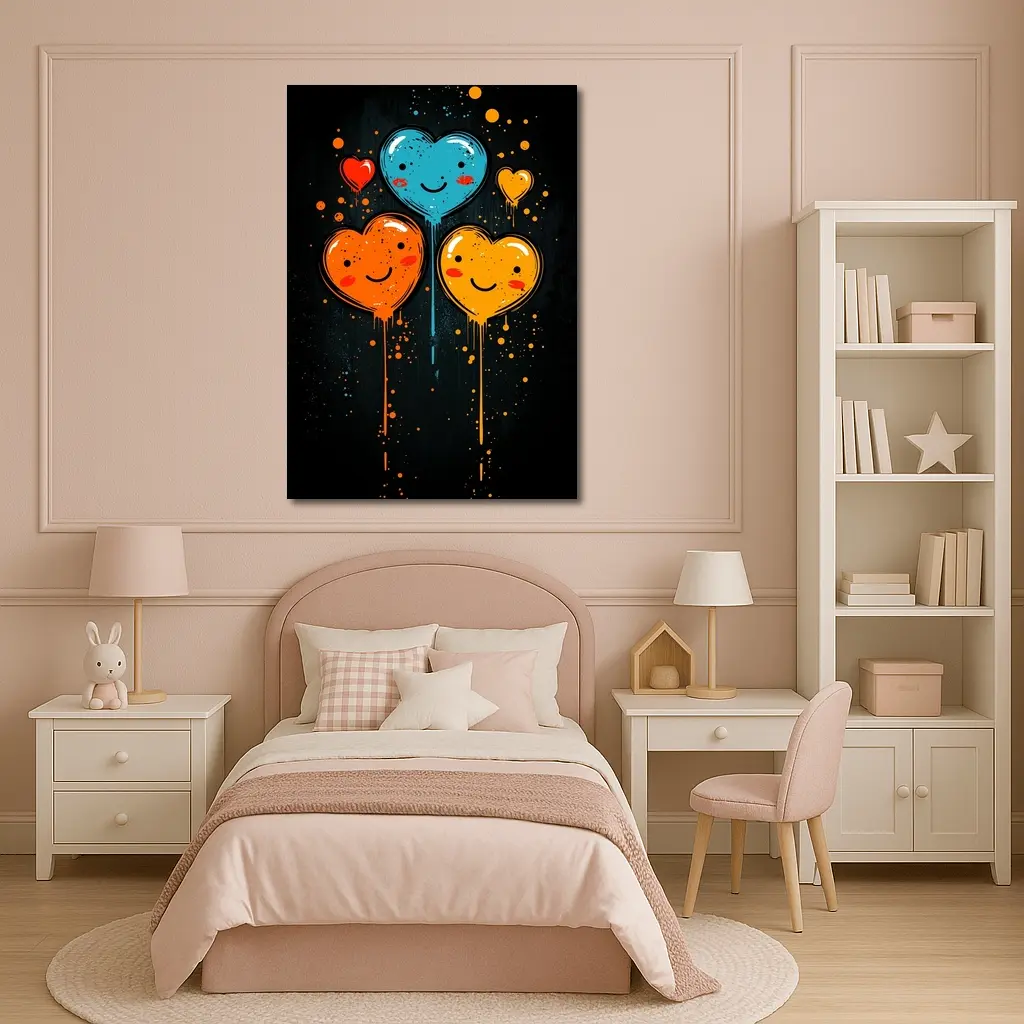 Smiling Cartoon Hearts Graffiti Dark Background – Wall Art