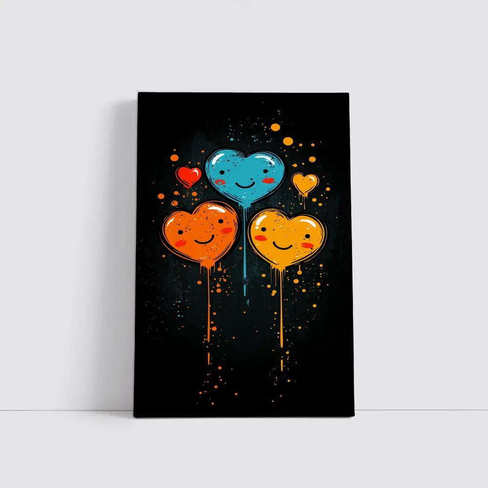 Smiling Cartoon Hearts Graffiti Dark Background – Wall Art