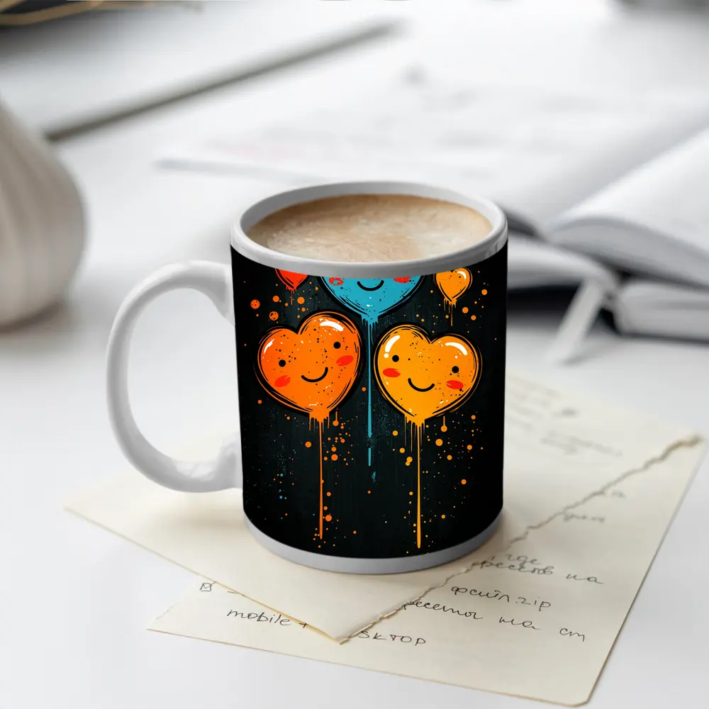 Smiling Cartoon Hearts Graffiti Dark Background – Mugs