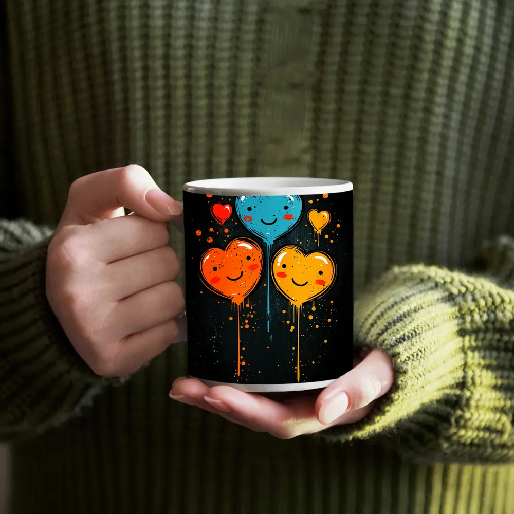 Smiling Cartoon Hearts Graffiti Dark Background – Mugs