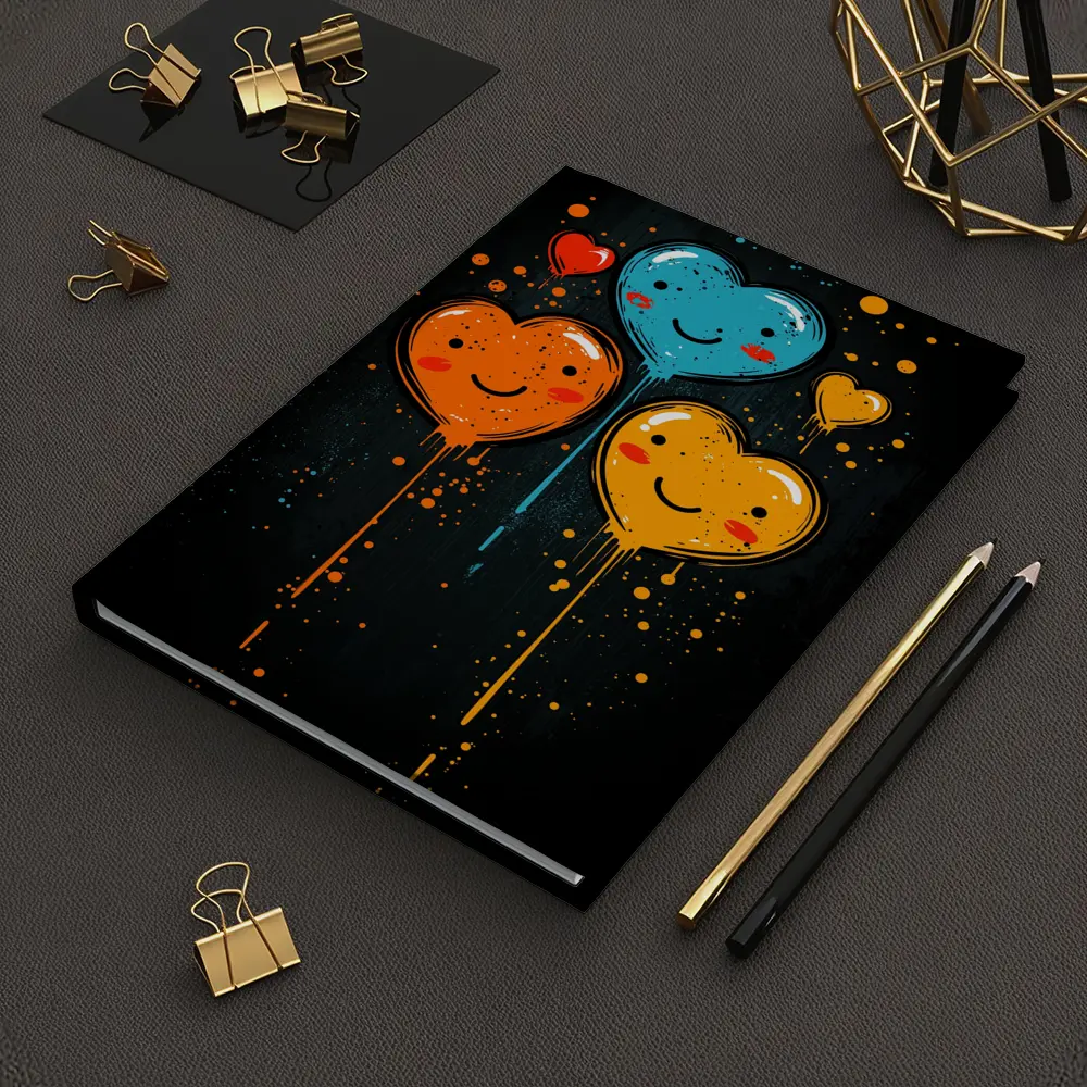 Smiling Cartoon Hearts Graffiti Dark Background – Notebooks