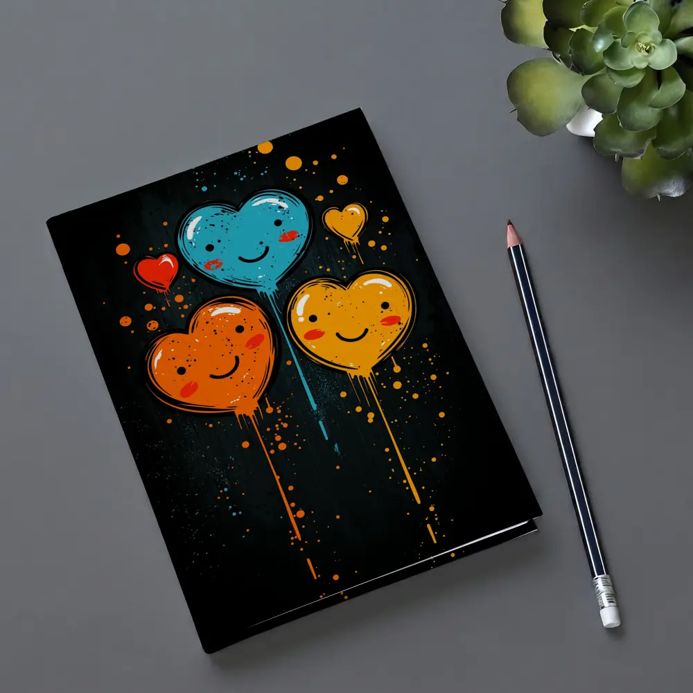 Smiling Cartoon Hearts Graffiti Dark Background – Notebooks