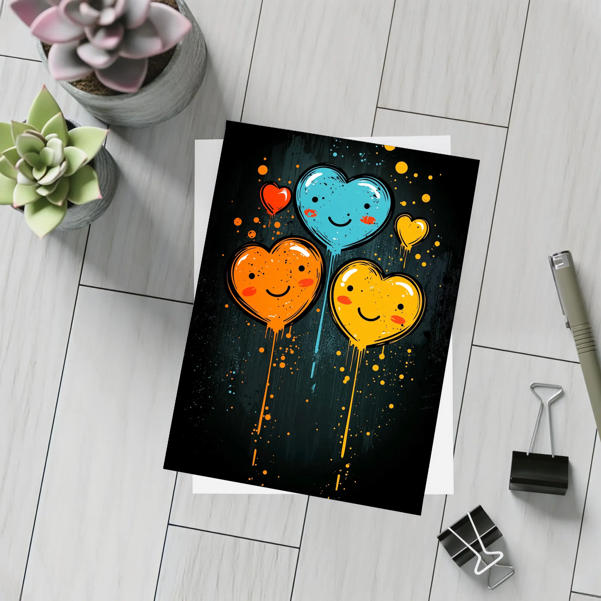 Smiling Cartoon Hearts Graffiti Dark Background – Postcards