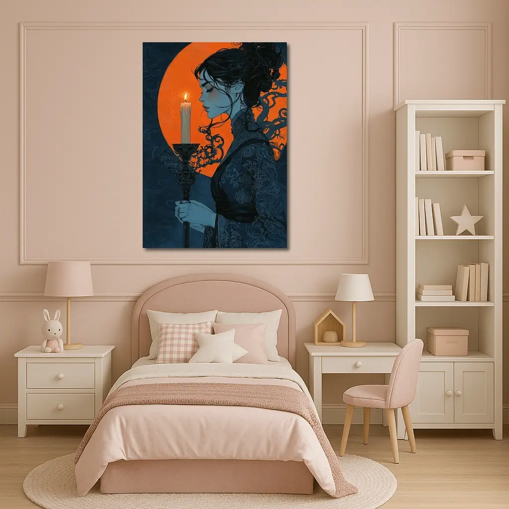 Woman Holding Candle Orange Moon Night – Wall Art